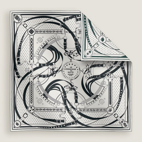 HERMES La Promenade du Matin Bandana double face scarf 140 | Hermès silk scarf (black and white)