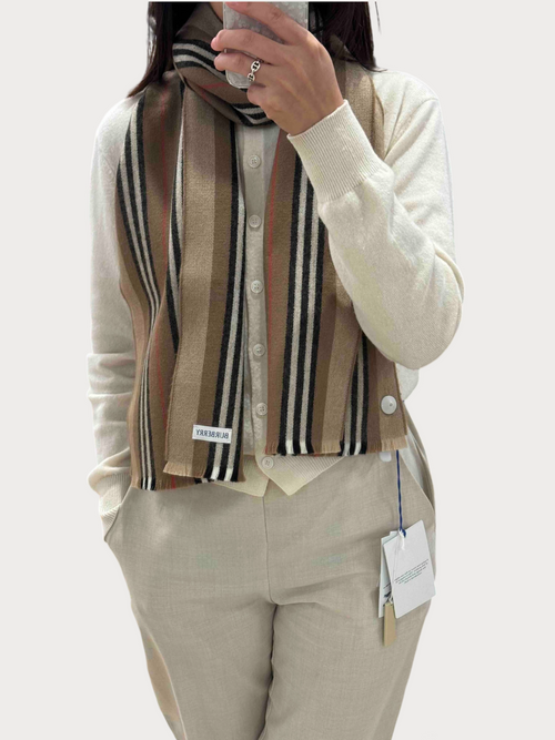 BURBERRY Icon Stripe Wool Cashmere Scarf(Taupe Brown)