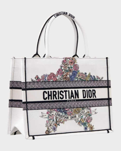 CHRISTIAN DIOR Dior Lucky Dior Book Tote Oblique Embroidery Canvas(Medium/White) - LONDONKELLY 英国名牌代购