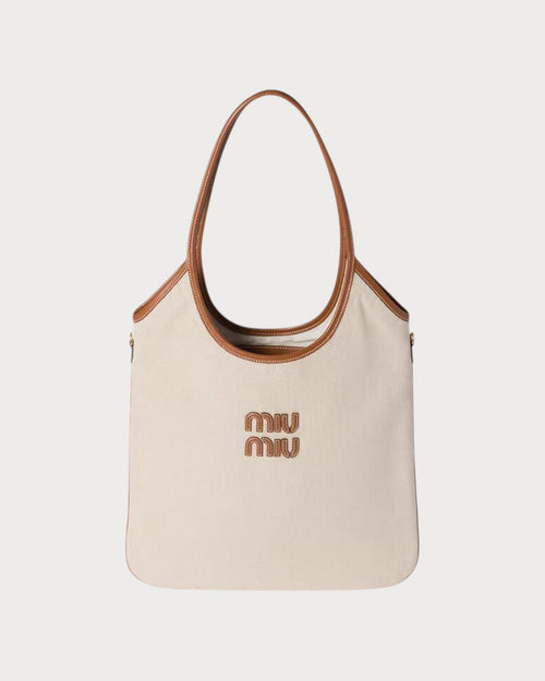 MIU MIU Ivy Canvas and Leather Tote Bag | 缪缪 手袋 (米色) - LONDONKELLY 英国名牌代购